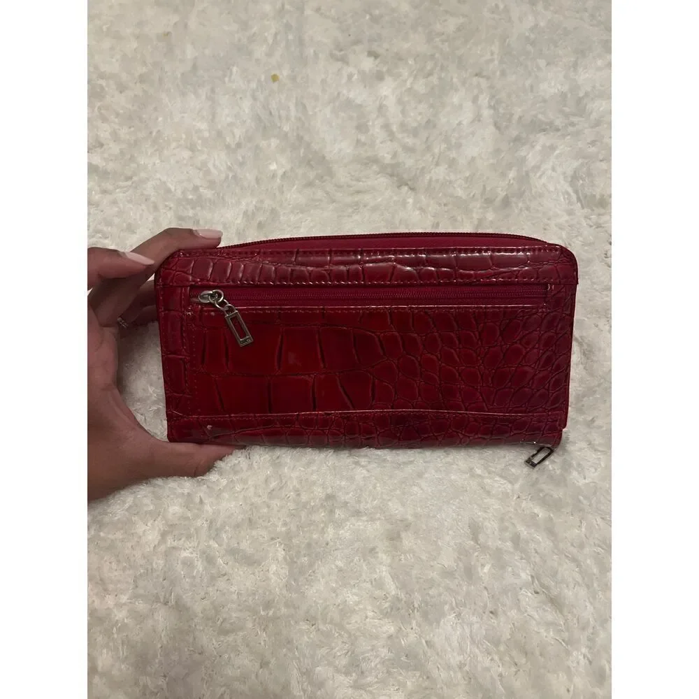 Guess Silver Hardware Red Croc Zip Around Long Wallet
